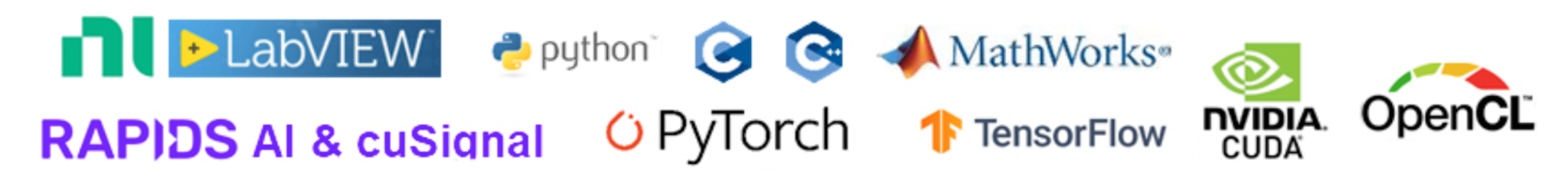 Trifecta-GPU supported software frameworks: NI LabVIEW, MATLAB, Python, C/C++, NVIDIA CUDA, OpenCL, RAPIDS AI, cuSignal, PyTorch, TensorFlow